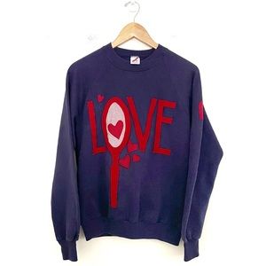 Vintage 80s Tennis Raquet Heart Love Appliqué Crewneck Sweatshirt Size Medium